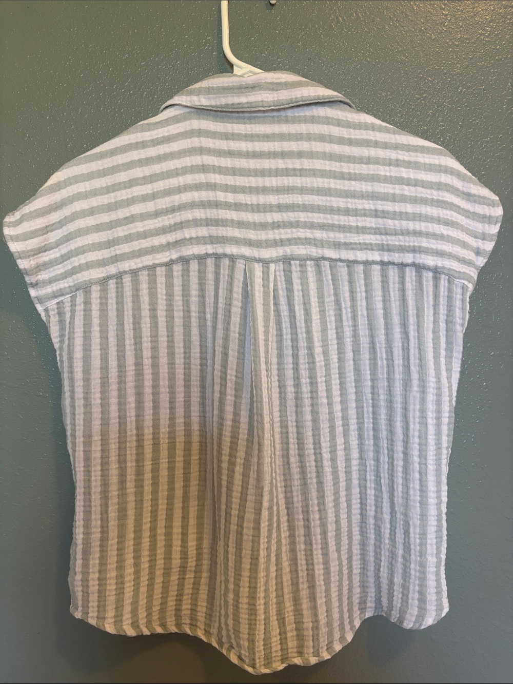 100% Cotton | Pale Green and White Striped Button-Down | Gauze Top - Picture 14 of 16